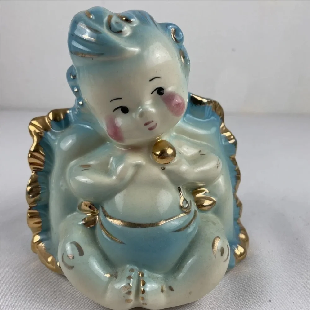 Vintage Hull Pottery Blue Baby Boy Planter #92 USA Gold tri